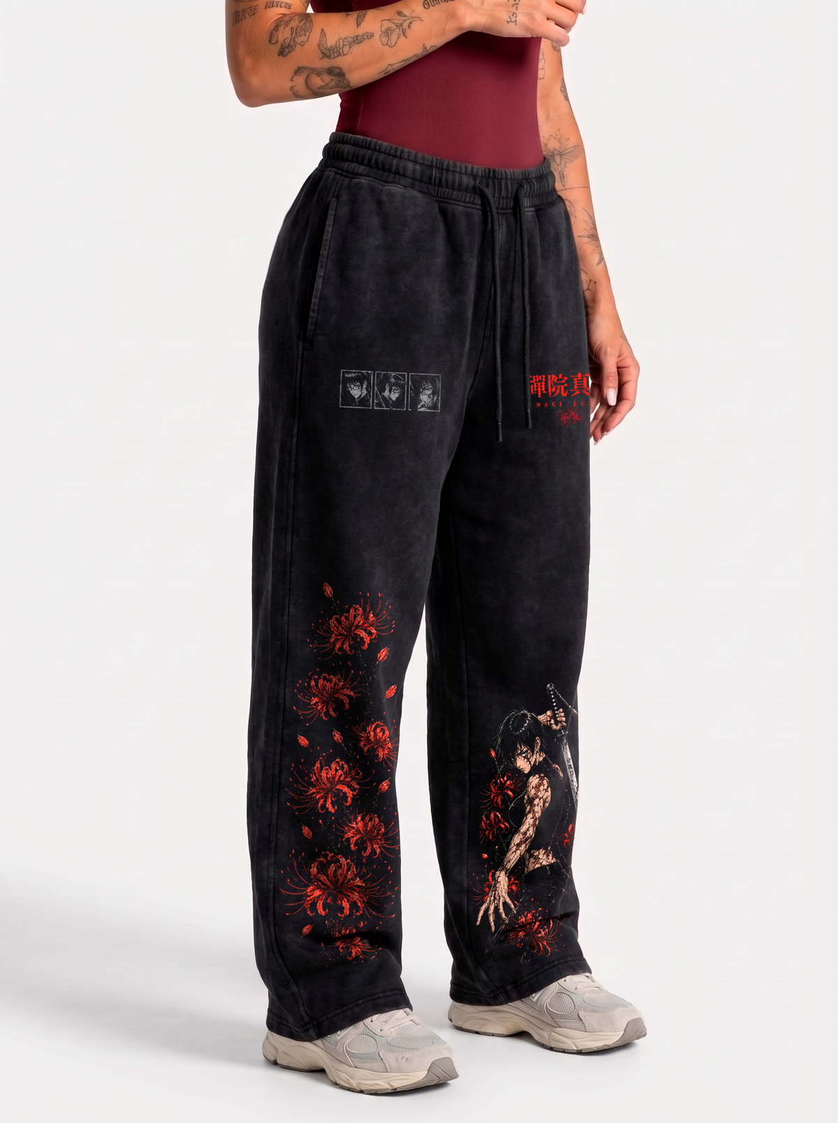 Jogger Oversize Acid Wash Maki Zenin Black- red | Jujutsu Kaisen
