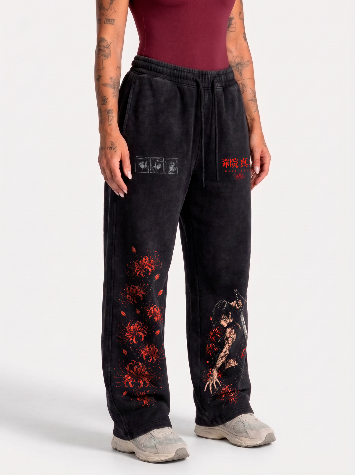 Jogger Oversize Acid Wash Maki Zenin Black- red | Jujutsu Kaisen