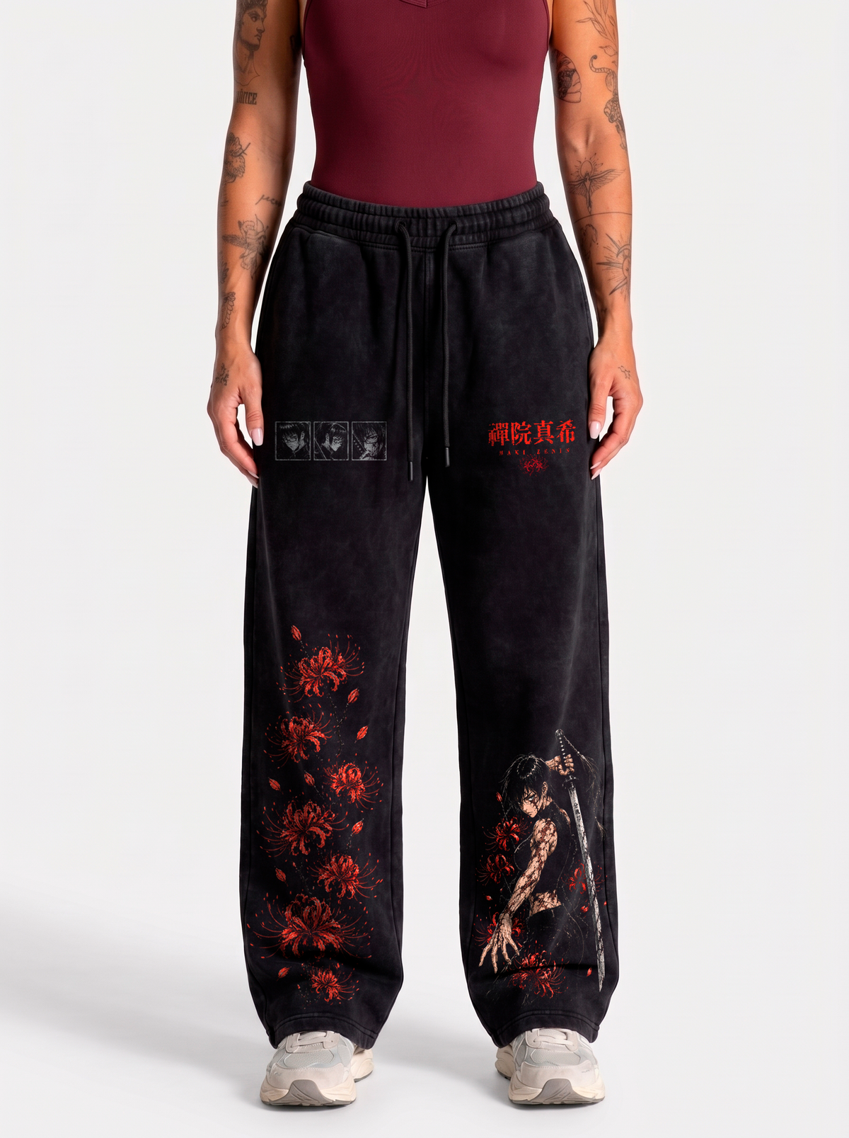Jogger Oversize Acid Wash Maki Zenin Black- red | Jujutsu Kaisen