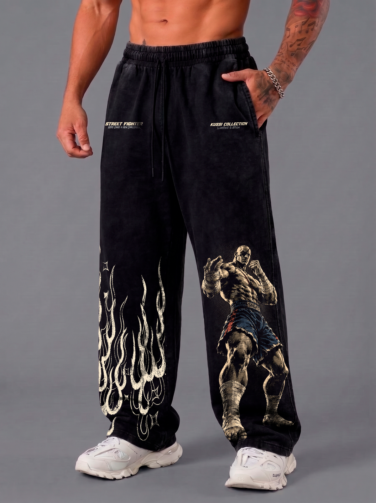 Pantalón Oversize Acid Wash Black Sagat | Street Fighter