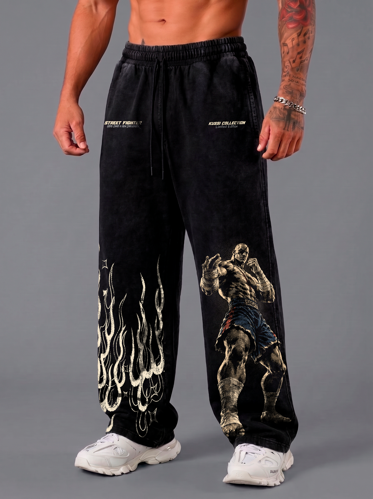 Pantalón Oversize Acid Wash Black Sagat | Street Fighter