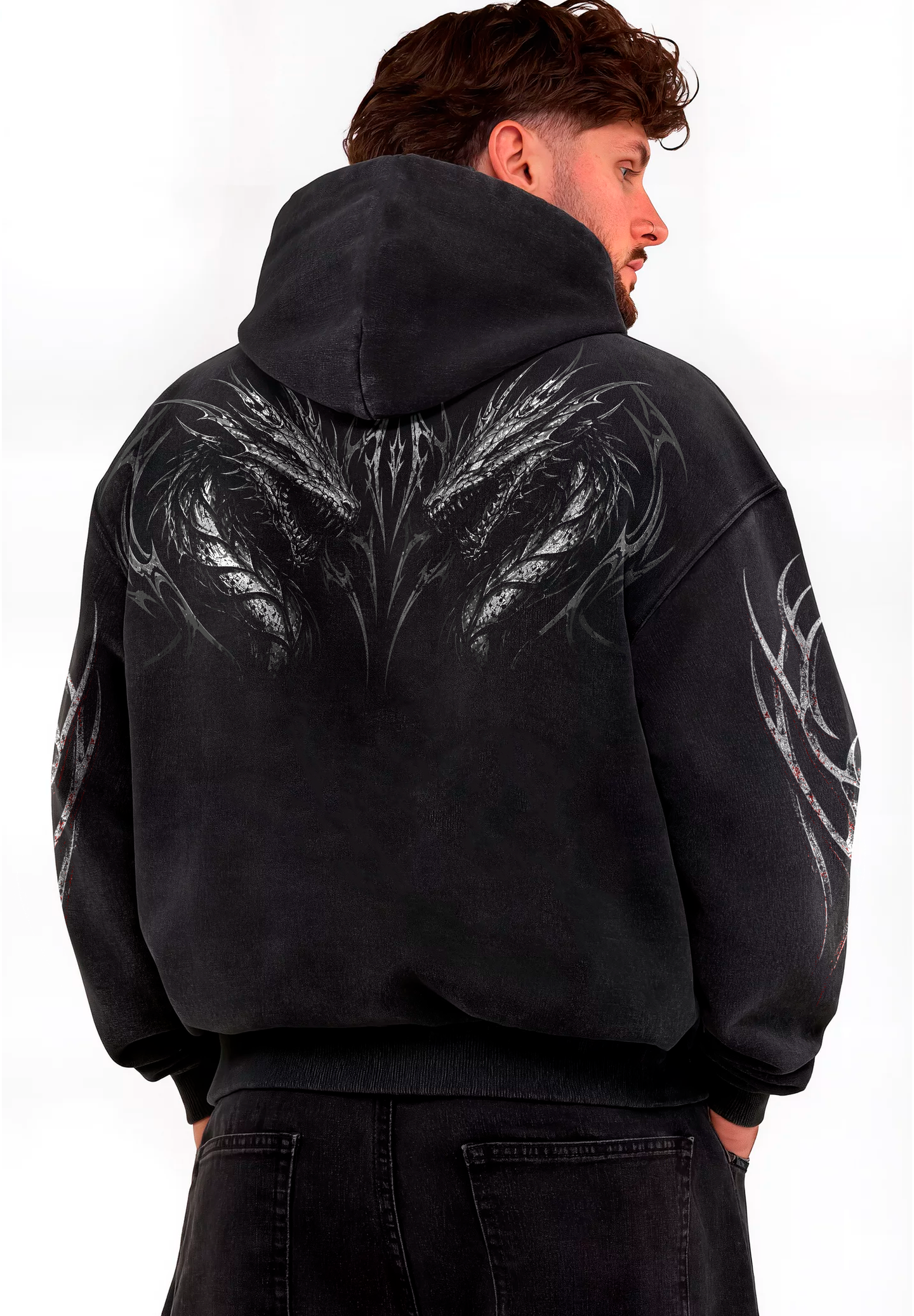 Hoodie Boxy Acid Wash Dark Throne - Black